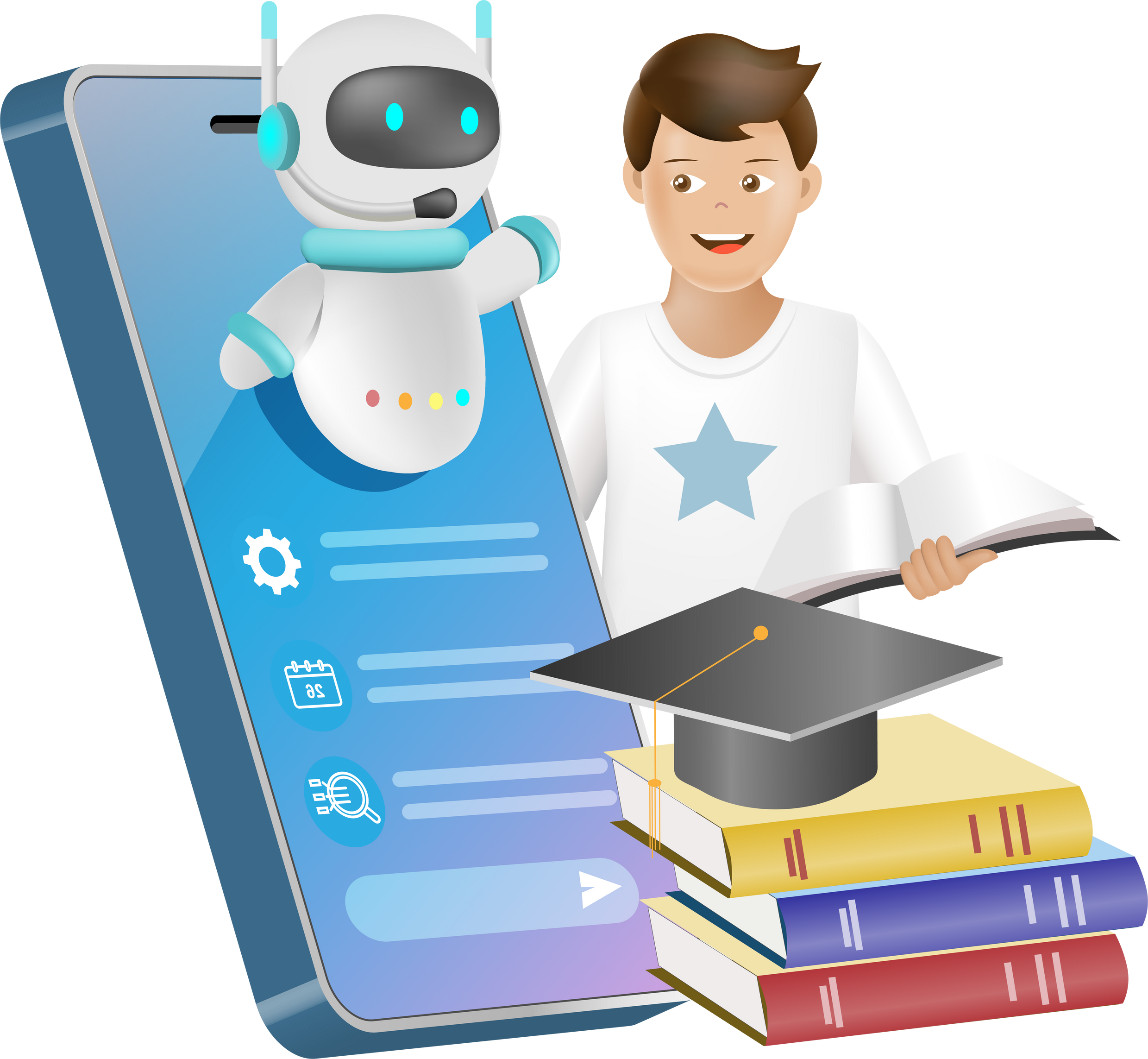 AI chat bot on smartphone assist kid student doing homework assignment. Artificial intelligence robot generates information and summarize knowledge to accomplish tasks in smart solution. Education Technology.